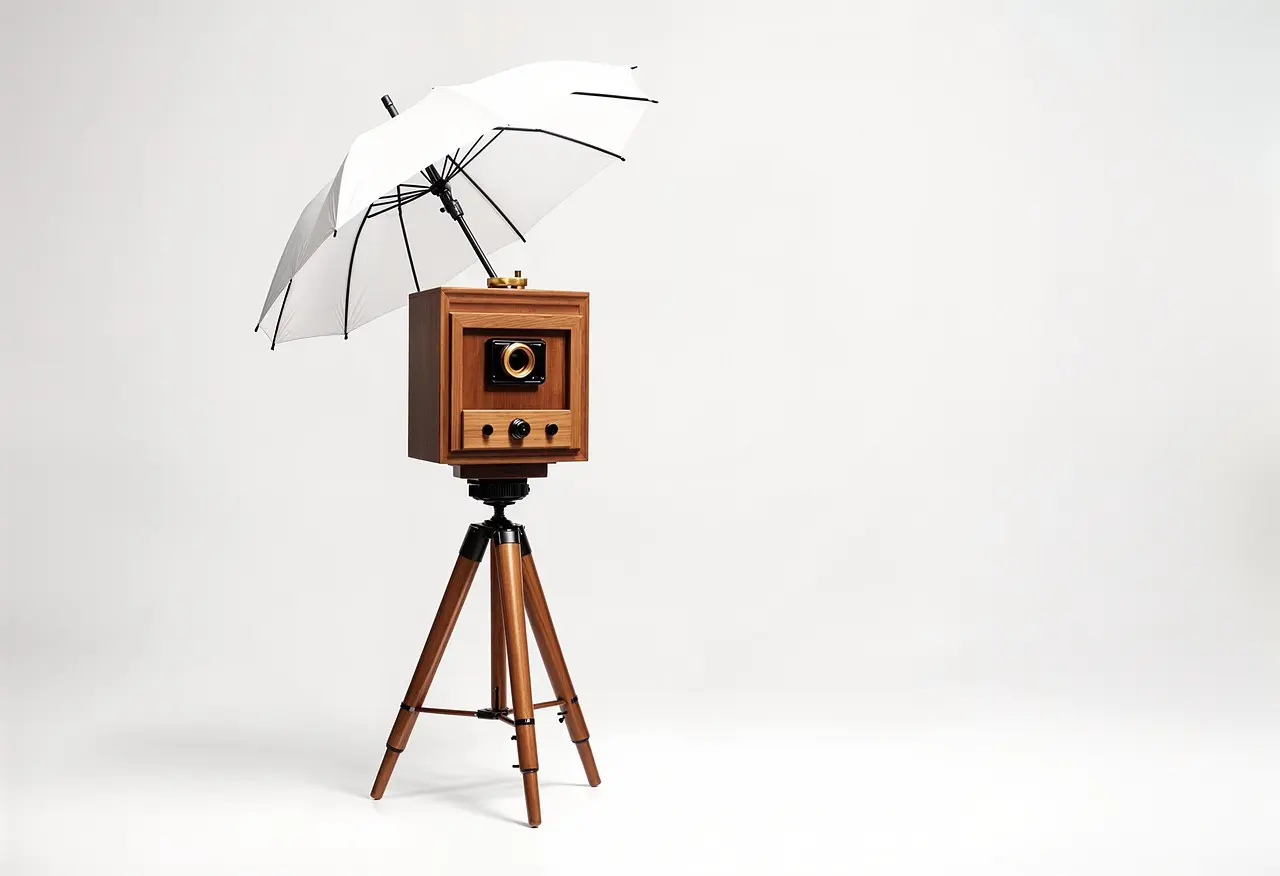 borne photo vintage en bois sur trépied avec parapluie blanc