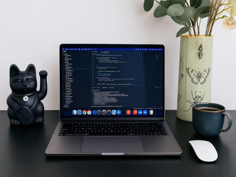 Laptop displaying code next to a lucky cat statue.