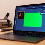 Close-up of a MacBook Pro with Adobe Illustrator open on a desk, showcasing creative workspace essentials.
